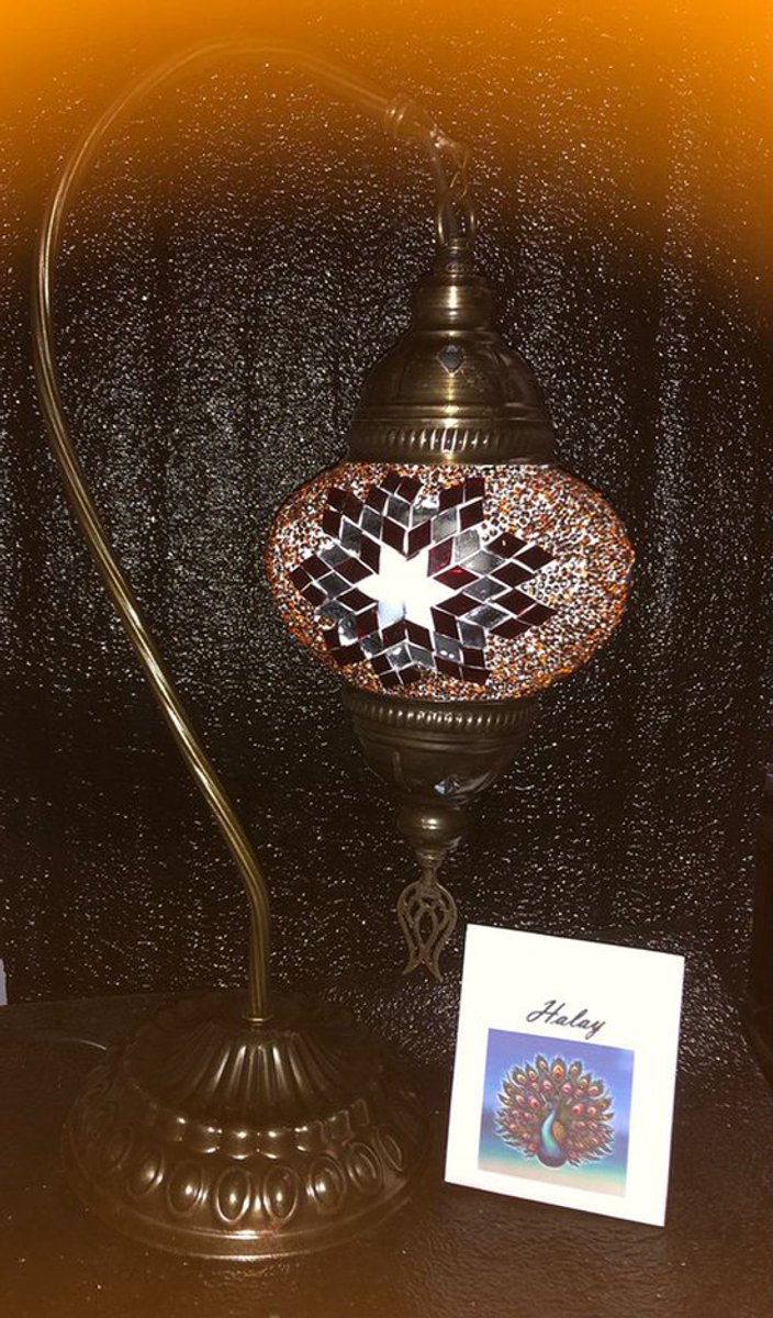 Turkse tafellamp - handgemaakt glas met mozaïek - 42 cm hoog - E14 lamp - bruin rood oranje kleuren