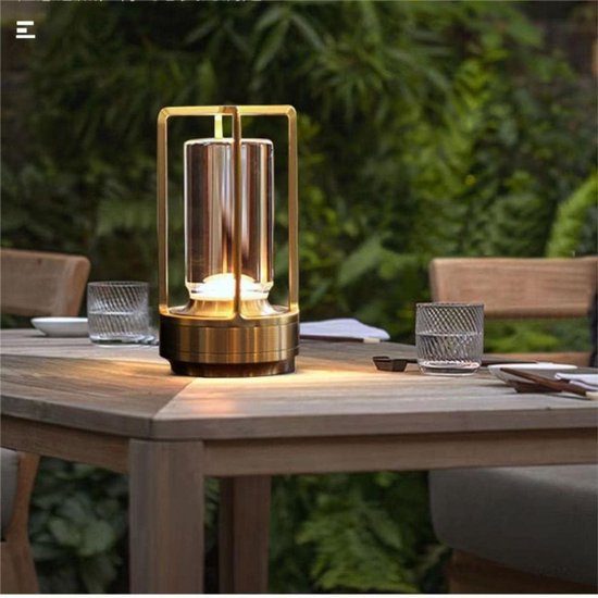 Oplaadbare Tafellamp - Draadloos & Dimbaar - Touch Bediening - Lantaarn - Oplaadbaar - Tafellamp op Batterijen - Accu - Tafellampen zonder Snoer - Decoratie Woonkamer, Slaapkamer & Tuin - Tafel lamp - Industrieel - Nachtlamp Slaapkamer - Goud
