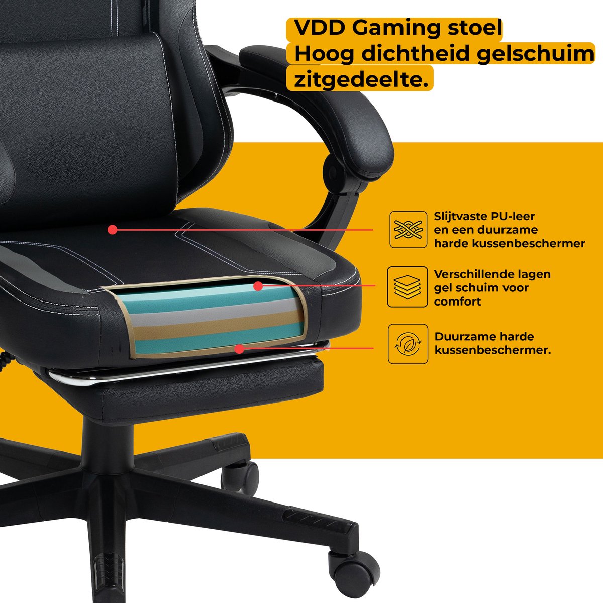 Afbeelding 2 van VDD Gaming - Gamestoel met massagefunctie en voetsteun - Gaming chair in de kleur Zwart/Grijs - Game stoel met nekkussen & verstelbaar rugkussen - Ergonomische bureaustoel met padded armsteunen - Max draagvermogen 150 kg - Verstelbare ruggensteun