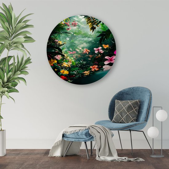 Kleurrijke tropische bloemen in jungle - Jungle muurcirkels - Rond kunstwerk bloemen - Surrealistisch - Forex - Slaapkamer wandkunst - Muurcirkel forex 90x90 cm