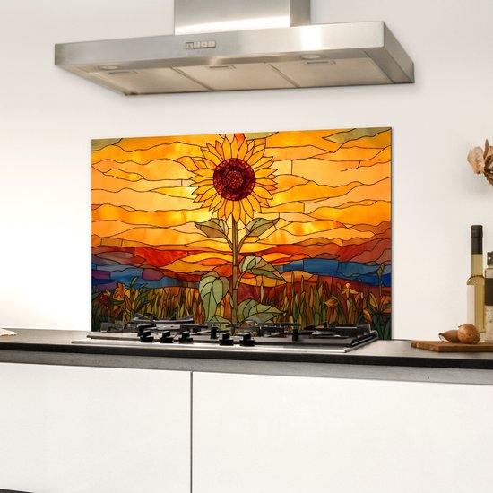 Spatscherm keuken 60x40 cm - Kookplaat achterwand Zonnebloem - Mozaïek - Zonsondergang - Geel - Muurbeschermer - Spatwand fornuis - Hoogwaardig aluminium