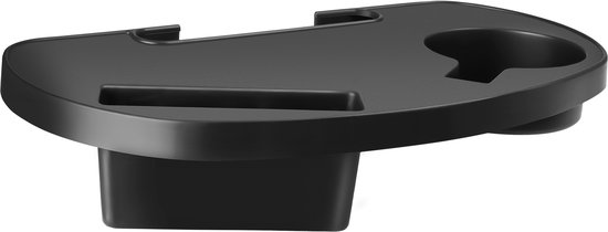 Zwarte bijzettafel voor de ligstoel, met vakjes en een bekerhouder.