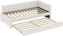 Witte slaapbank met uitschuifbaar bed, hexagonaal patroon op de rugleuning, geïsoleerde weergave.