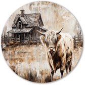 Schotse hooglander en boerderij - Schotse hooglander muurcirkel - Wandpaneel boerderij - Realistische kunst - Wandcirkel van Forex - Muurkunst aanbrengen - Muurcirkel forex 80x80 cm