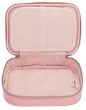 Open roze etui met lichtroze voering, met vakjes voor pennen.
