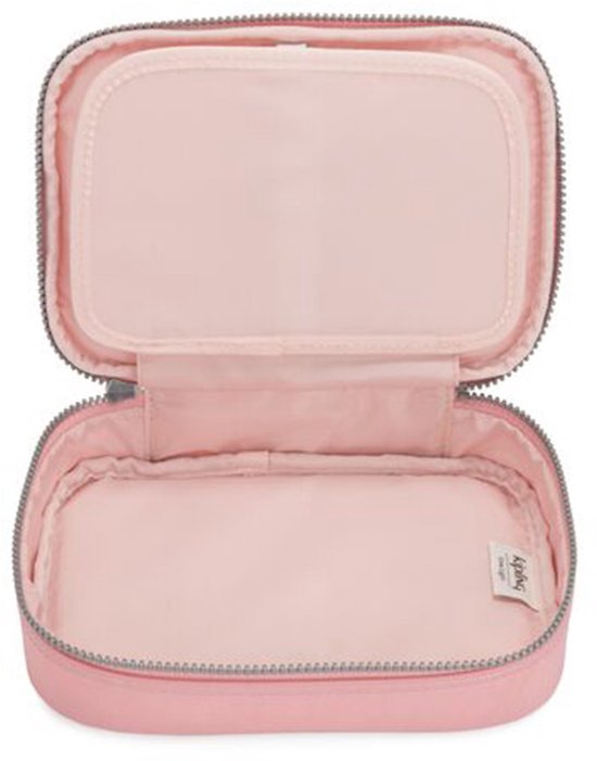 Open roze etui met lichtroze voering, met vakjes voor pennen.