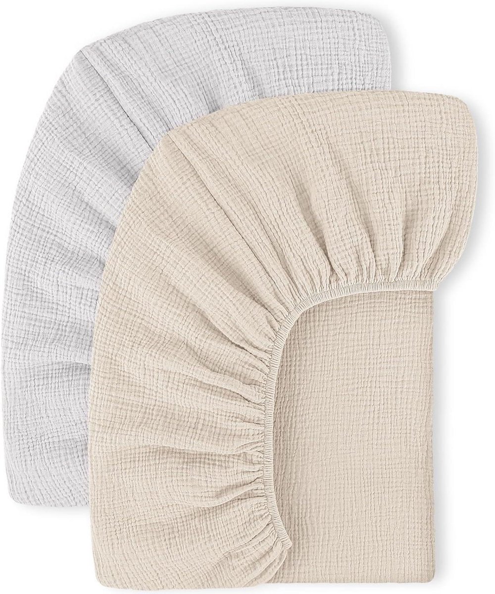 Image of 2 hoeslakens voor kinderen van mousseline 100% katoen - Grijs-crème - 60 x 120 cm - Babylaken voor reisbed en bijzetbed