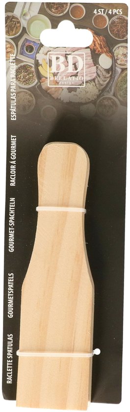 Verpakking met 4 houten gourmet spatels, met de tekst "RACLETTE-SPATUĻAS GOURMETSPATELS GOURMET-SPACHTELN RACLOIR À GOURMET" en een afbeelding van hapjes.