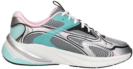 Zij-aanzicht van een Skechers S2K sneaker in zilver, roze en mintgroen met witte veters.