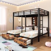 Bol.com Stapelbed 140 x 200 cm +90 x 200 cm 3 bedden met zijhekken met opbergvakken 2 laden planken zonder matras zwart aanbieding