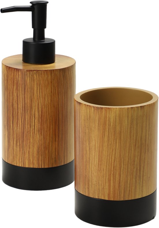 2-delige badkamerset, zeepdispenser en tandenborstelbeker in houtlook - badkameraccessoires voor toilet, hygiënische badset voor thuis en badkamer - Hout/Zwart KADAX