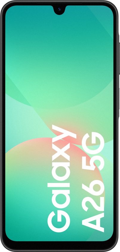 Samsung Galaxy A26 5G met lichtgroen en roze achtergrond.
