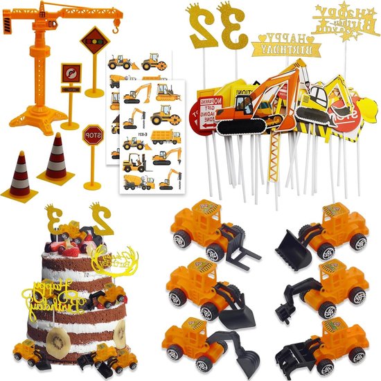 Allecto Premium - 45 Delige Speelgoed Graafmachine Set voor Kinderen - Plastic Voertuigen voor Bouwplaats Taartdecoratie met Verkeersborden - Graafmachine Taartfiguren voor 2e en 3e Verjaardag
