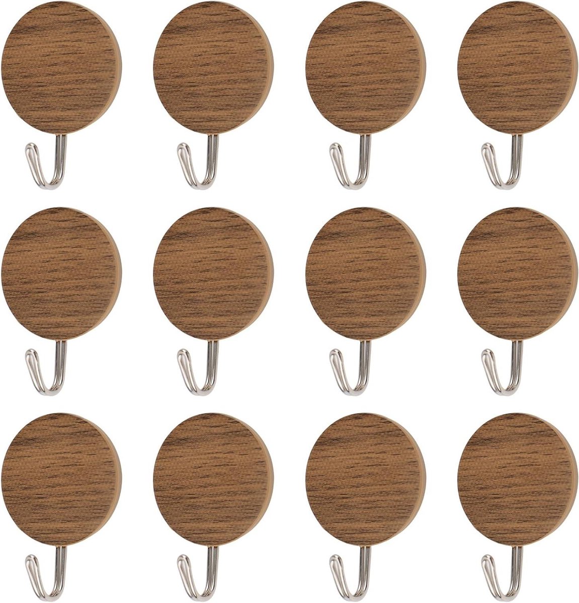 Allecto Premium - Ronde zelfklevende haken 12 stuks houtnerf - Sleutelhaak - Badhanddoek hanger - Keuken badkamer kantoordeur - Muur houders