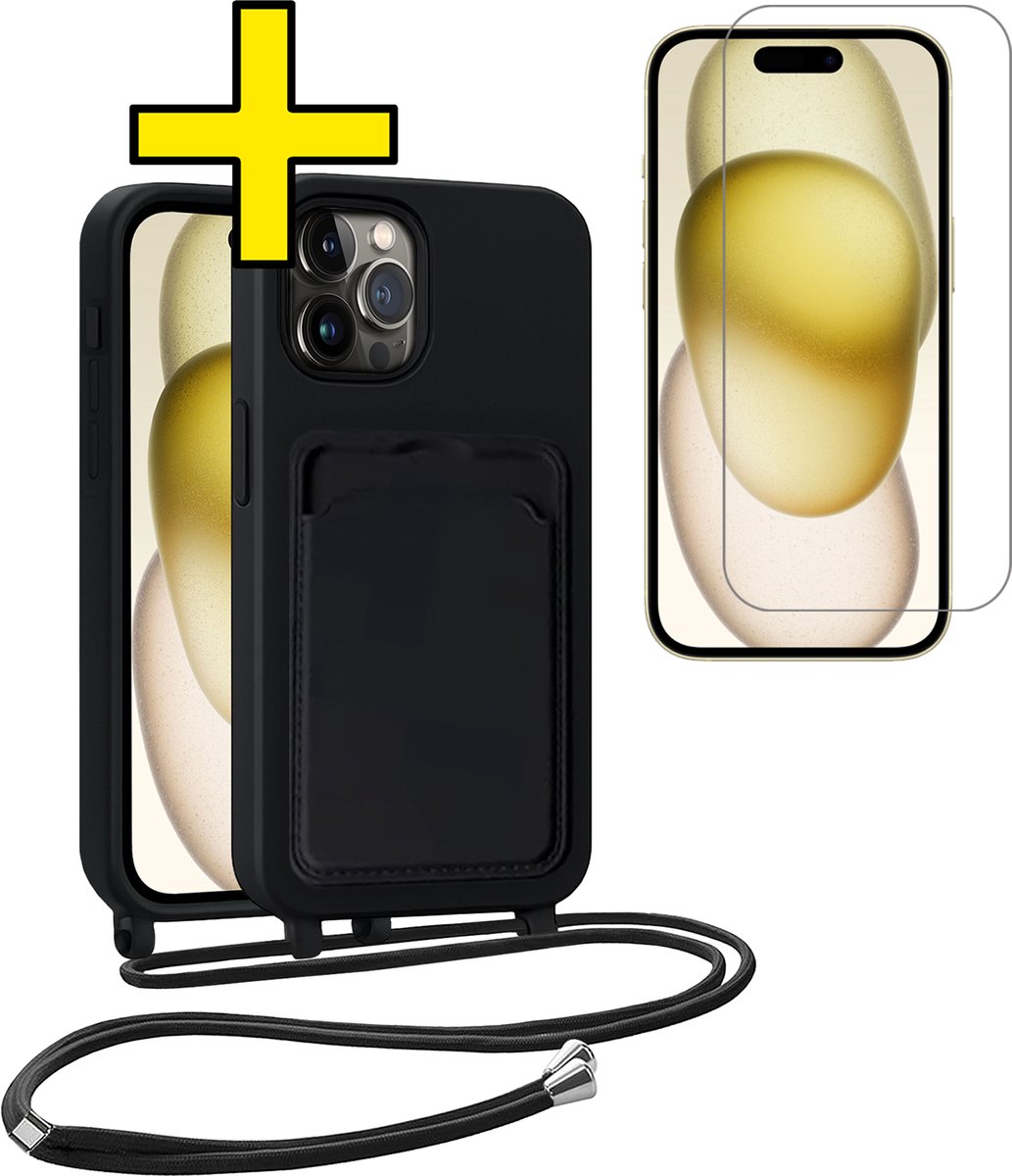 Hoesje Geschikt voor iPhone 15 Plus Telefoonhoesje Met Koord Case Pashouder Met Screenprotector Siliconen - Hoes Geschikt voor iPhone 15 Plus Hoesje Met Kaarthouder - Zwart