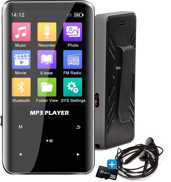 DynaBright - Lecteur MP3 avec Bluetooth et écran tactile - Incl. Écouteurs et carte SD 32 Go - avec clip - Enregistreur vocal numérique - avec Radio FM - Zwart