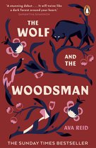 Boekomslag 'The Wolf and the Woodsman' met een donkerblauwe wolf op een rode achtergrond, omringd door bloemen en een specht.