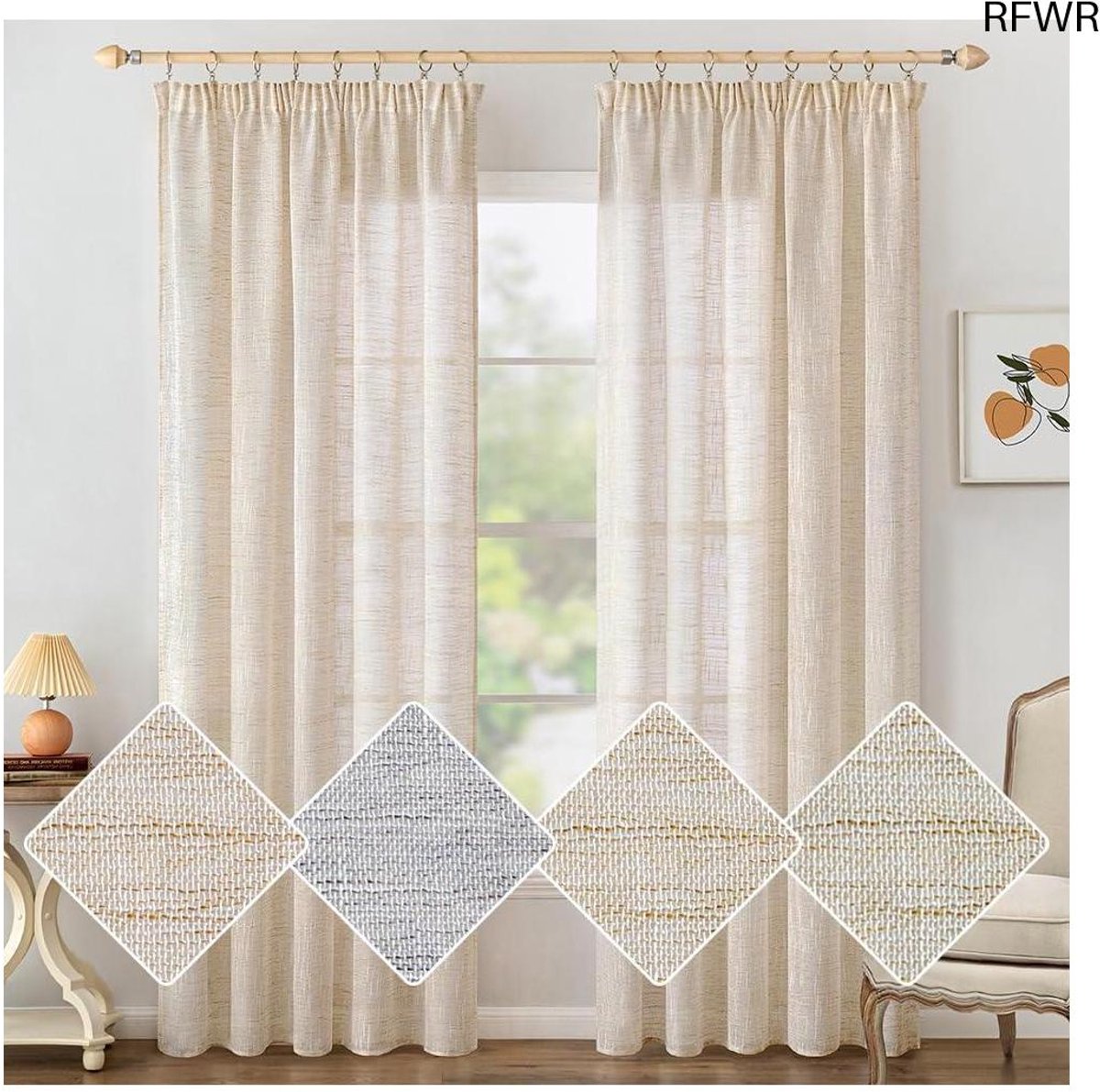 RFWR Linnenlook gordijnen met plooiband - set van 2 - 140 x 215 cm - moderne voile voor woonkamer en slaapkamer Witte rijst