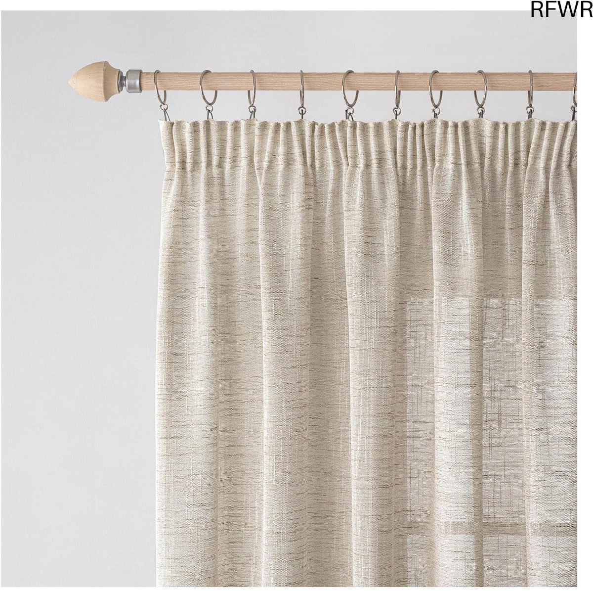 RFWR Transparante linnen voile gordijnen met plooiband - Set van 2 voor woonkamer en slaapkamer, 140 x 215 cm, bruin-wit