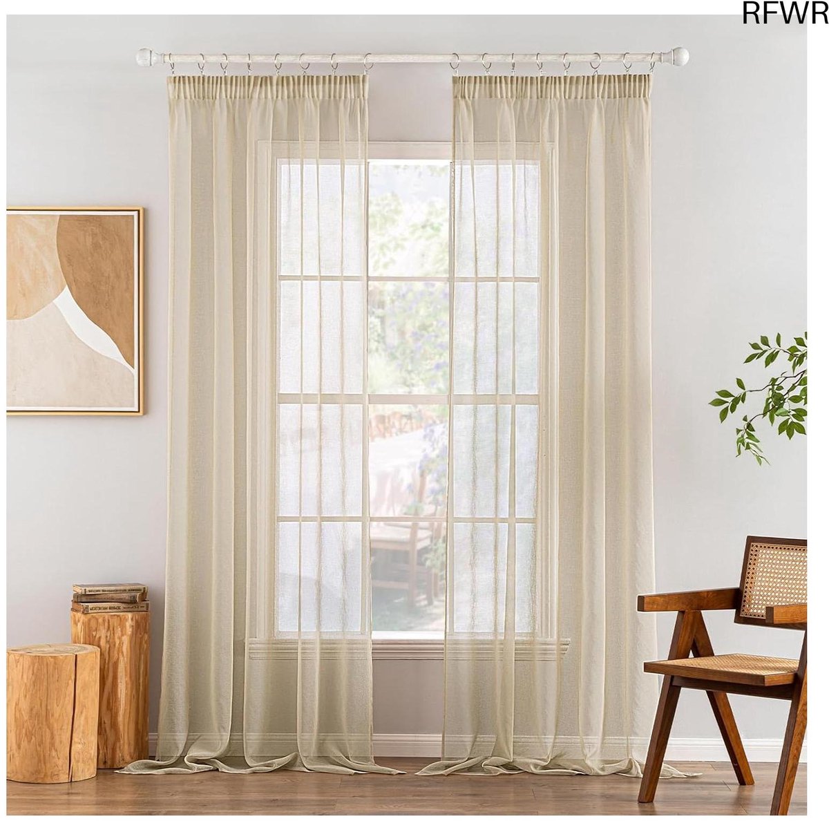 RFWR Vitrage Gordijnen Set van 2 - Beige Voile Gordijnen 140 x 225 cm voor Woonkamer en Slaapkamer