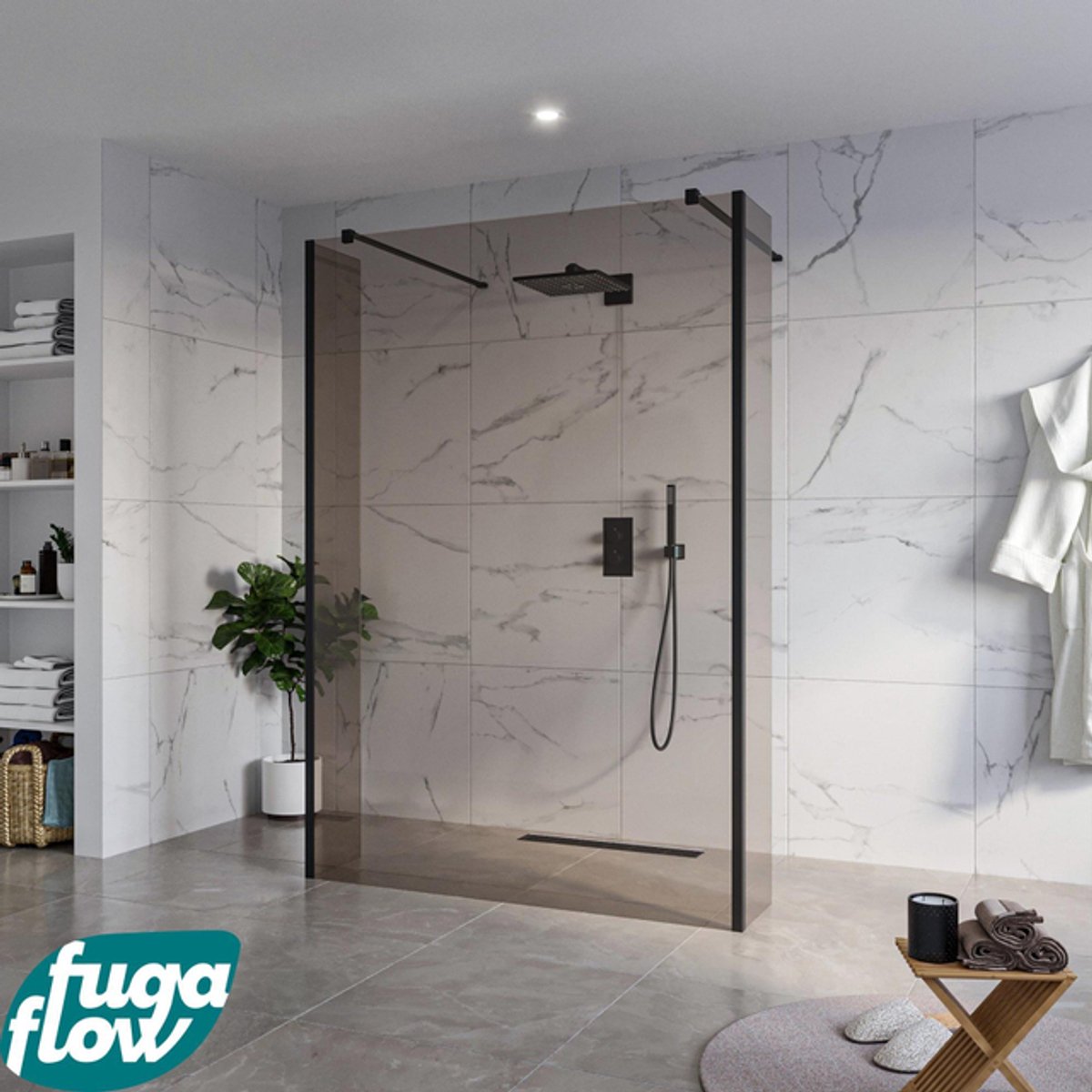 FugaFlow Eccelente Vetro Vrijstaande inloopdouche badkamer - 140x200cm - Rookglas - antikalk - 8mm veiligheidsglas - 2 zijwanden 30cm - met wandarmen en hoekprofielen - Zwart mat -