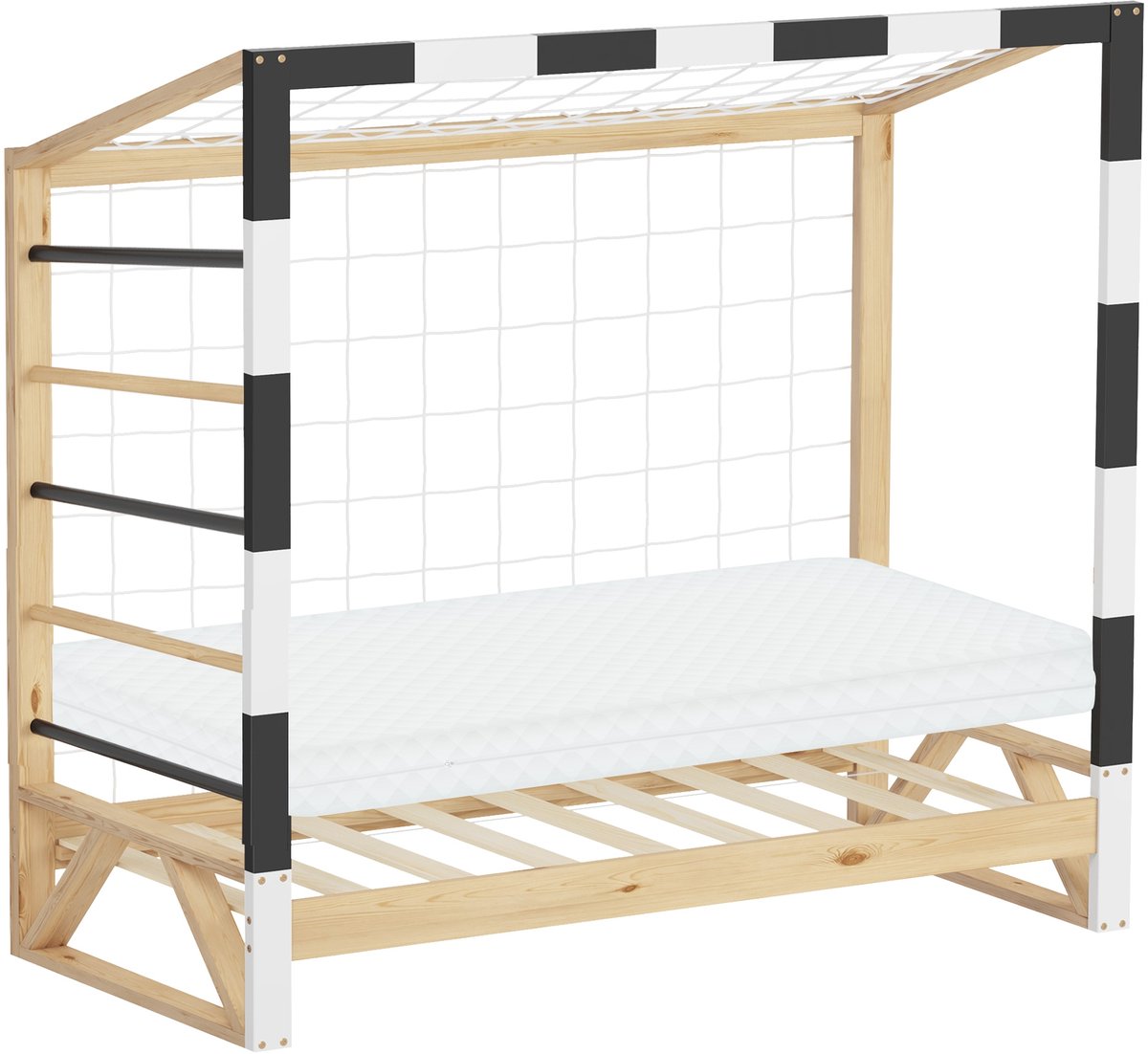ml-design kinderbed voetbaldoel ledikant 70x140 cm met matras massief grenen houten bedframe met lattenbodem klimladder net valbeveiliging zwart wit voor jongens en meisjes eenpersoons jeugdbed speelbed stal vloerbed juniorbed design