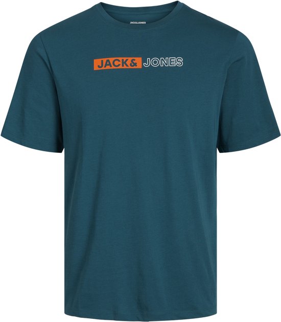 T-shirt bleu pétrole avec le logo 'JACK&JONES' en orange et blanc.