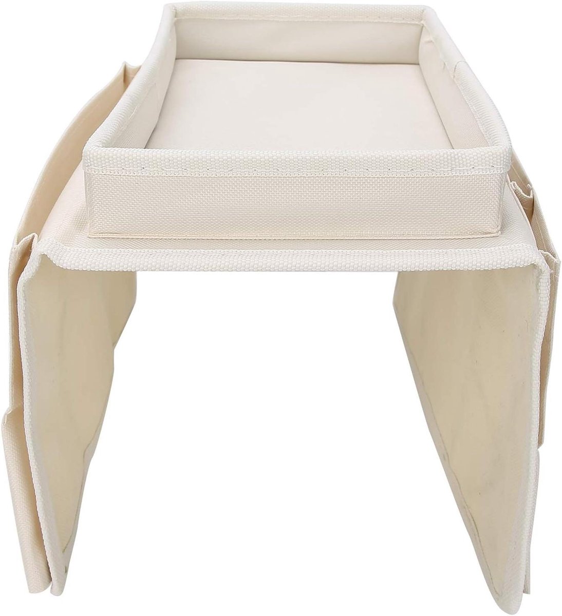 Allecto Plus - Armsteun Organizer voor Sofa met 4 Zakken en Bekerhouder - Opbergtas voor Afstandsbediening, Boeken en Meer - Beige