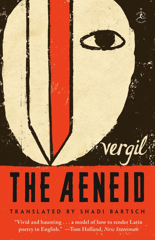 Couverture du livre "The Aeneid" avec une image abstraite de visage rouge et noir, et le titre en lettres blanches.