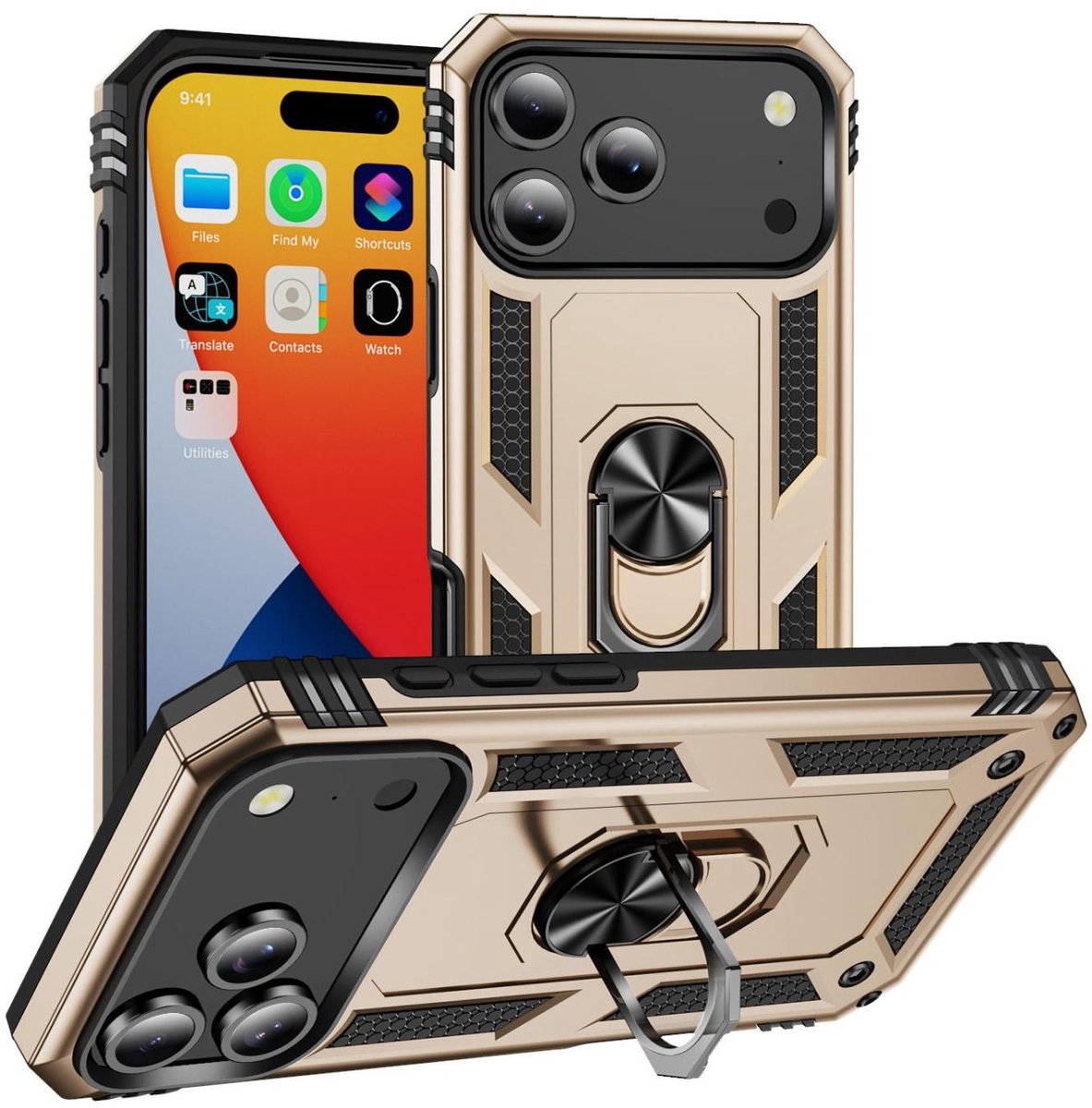 Mobigear Hoesje geschikt voor Apple iPhone 17 Pro Max Telefoonhoesje Hardcase | Mobigear Armor Ring Backcover Shockproof met Ringhouder | Schokbestendig iPhone 17 Pro Max Telefoonhoesje | Anti Shock Proof - Goud