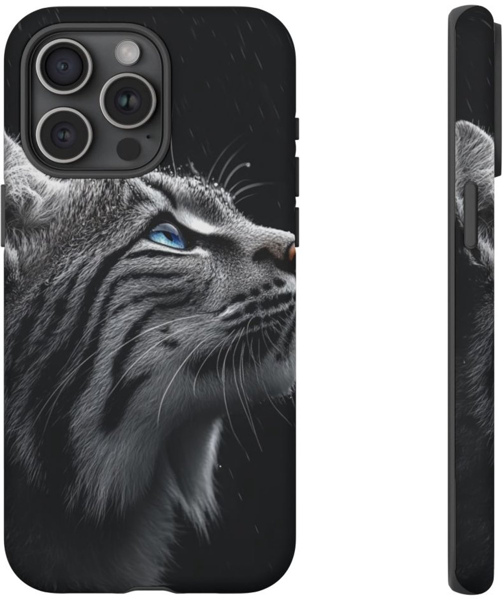 Zwart-Witte Lynx met Blauwe Ogen – Telefoonhoesje Geschikt voor iPhone 15 Pro Max