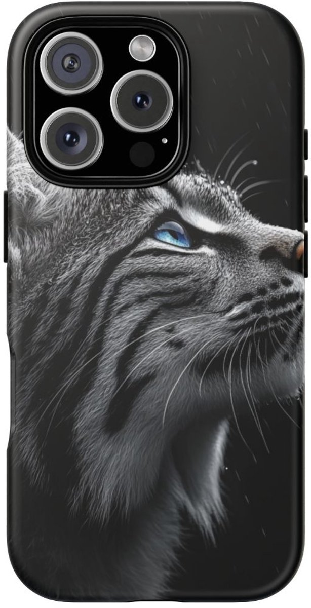 Zwart-Witte Lynx met Blauwe Ogen – Telefoonhoesje Geschikt voor iPhone 16 Pro