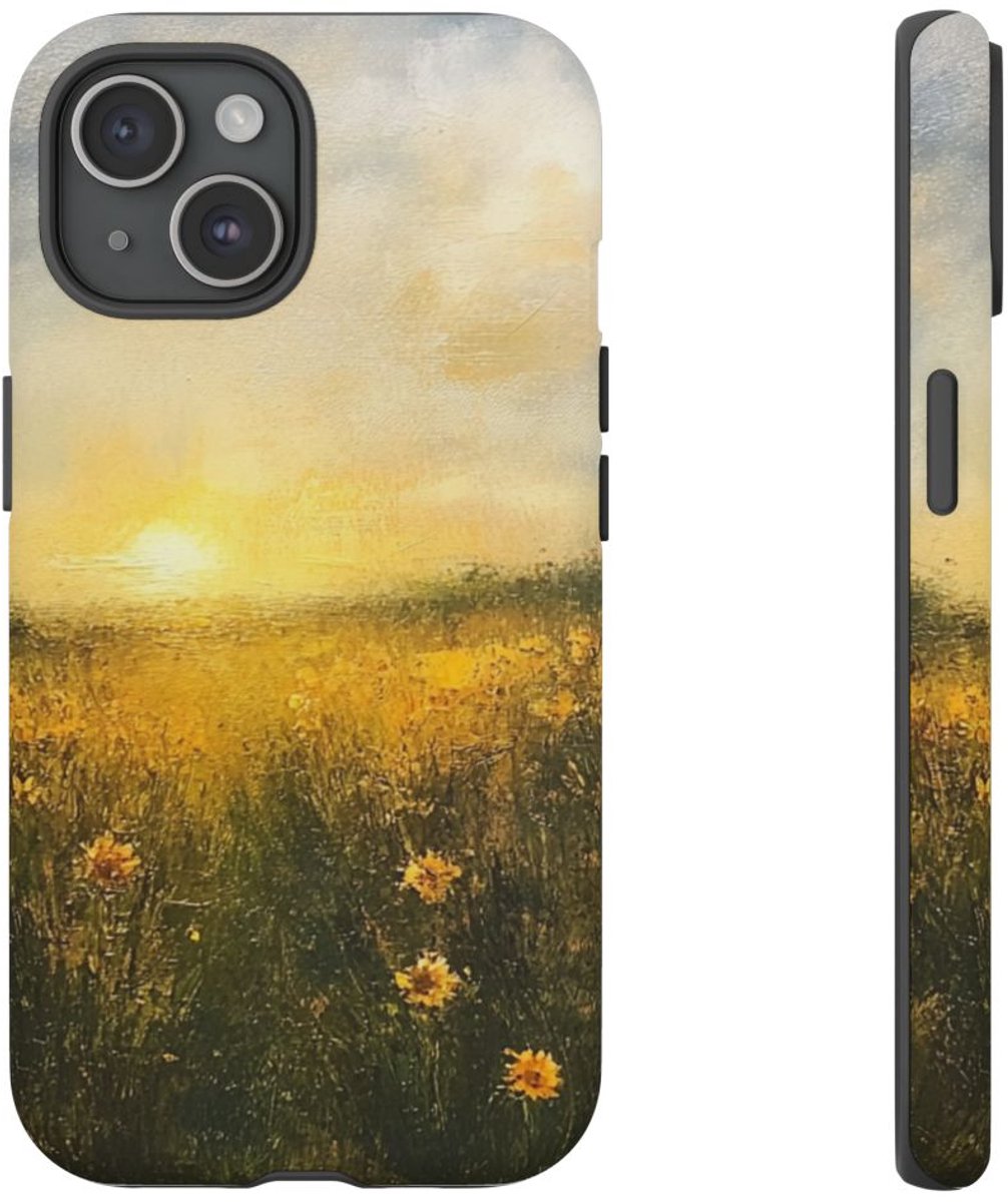 Zonnig Wilde Bloemenveld Schildering – Telefoonhoesje Geschikt voor iPhone 15