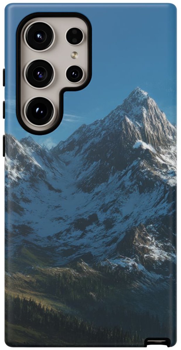 Besneeuwde Bergketen onder Blauwe Lucht – Telefoonhoesje Geschikt voor Galaxy S24 Ultra