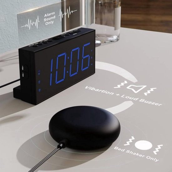 Luide vibrerende wekker voor diepe slapers, dubbel alarm met weekendmodus, groot digitaal display, dimmer, back-up batterij, USB-oplader, wekker met vibratie voor doven/slechthorenden, digitale klok