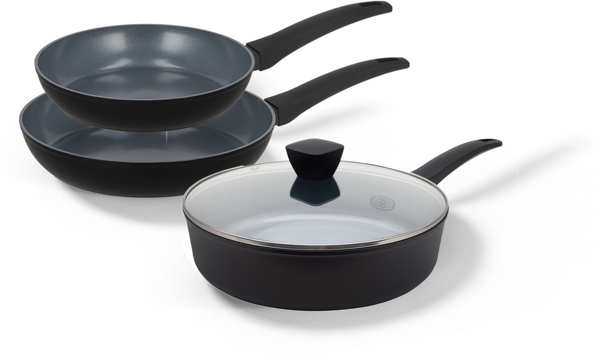BE Living Pannenset 3-delig - Ø 24 & 28 cm Koekenpan + Ø 28 cm Hapjespan met deksel - Koekenpannenset - Sauteerpan - Keramisch - Inductie Pannen - PFAS Vrij Anti Aanbak - Delight Series