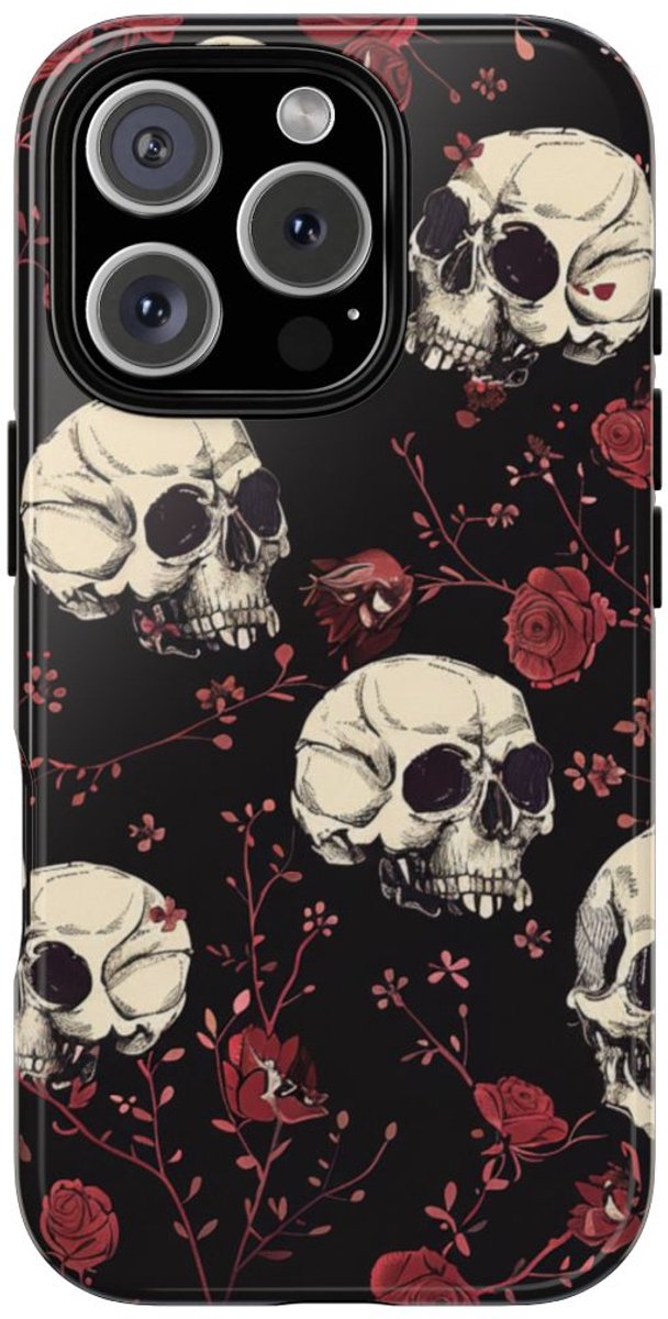 Schedels en Rode Rozenpatroon – Telefoonhoesje Geschikt voor iPhone 16 Pro