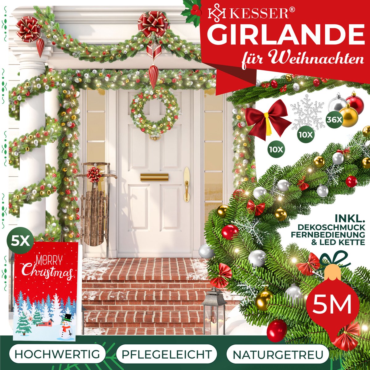 KESSER® Guirlande met verlichting - Kerstguirlande LED Kerstslinger Kerstversiering Kerstdecoratie – foto 4