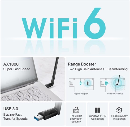 TP-Link AX1800 Wi-Fi 6 adapter met USB 3.0, beveiliging en Windows 11/10 compatibiliteit.