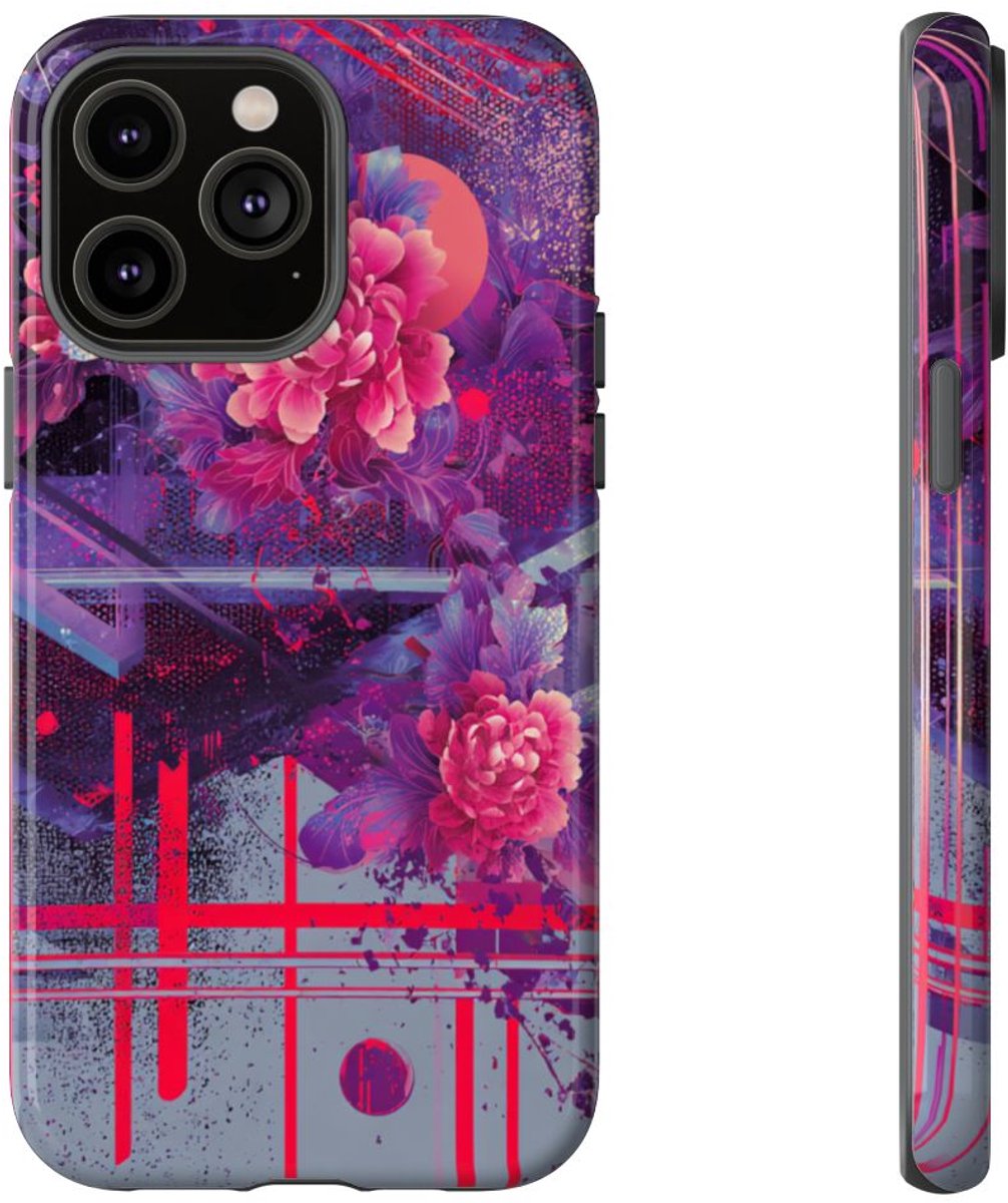 Abstracte Neonbloemen en Geometrie – Telefoonhoesje Geschikt voor iPhone 14 Pro Max