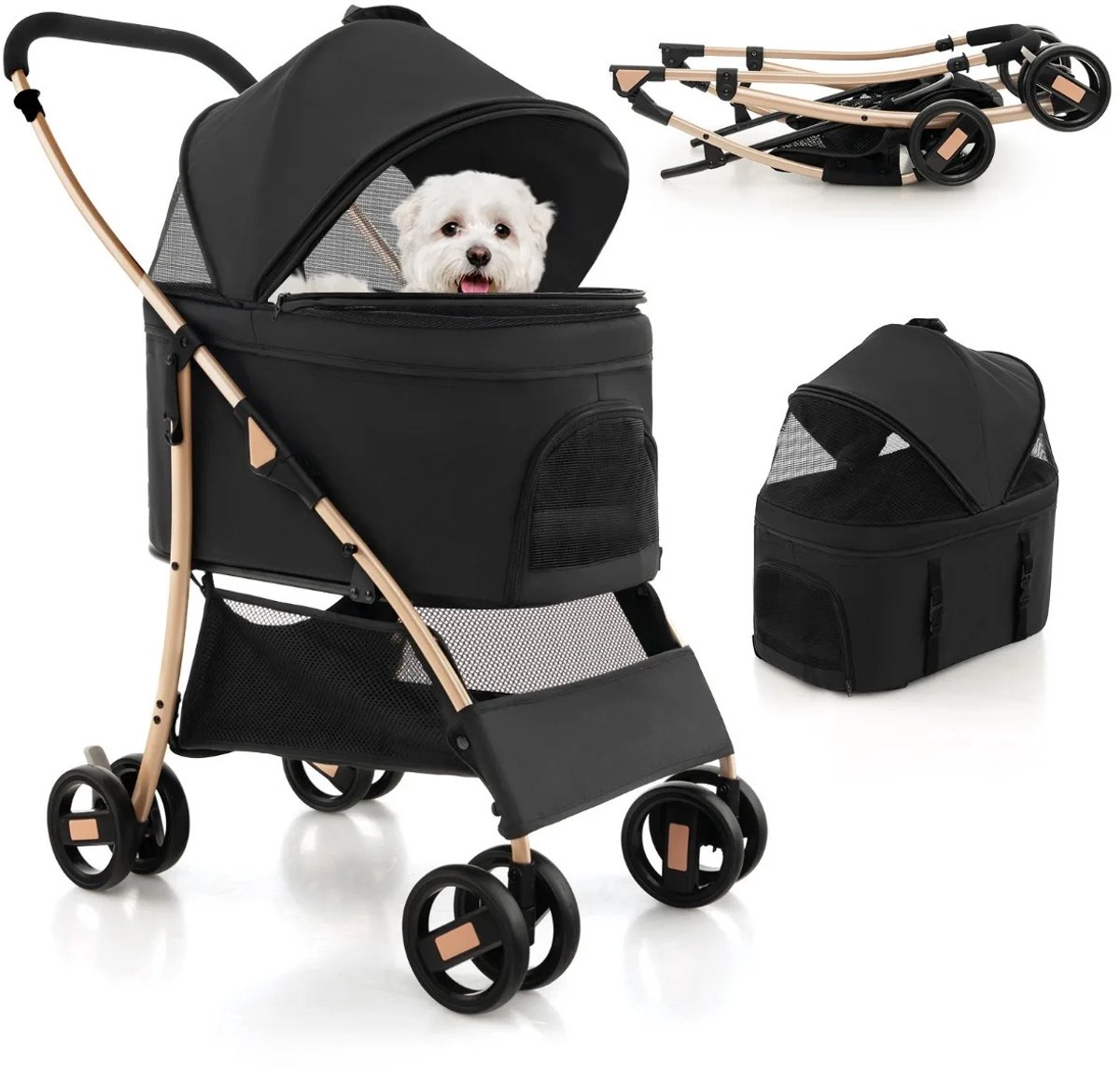 Trendmix Hondenbuggy 3-in-1 Zwart – Opvouwbare Hondenwagen – Verwijderbare Draagbox & Autostoel – Tot 15 kg – Met Vering & Opbergruimte