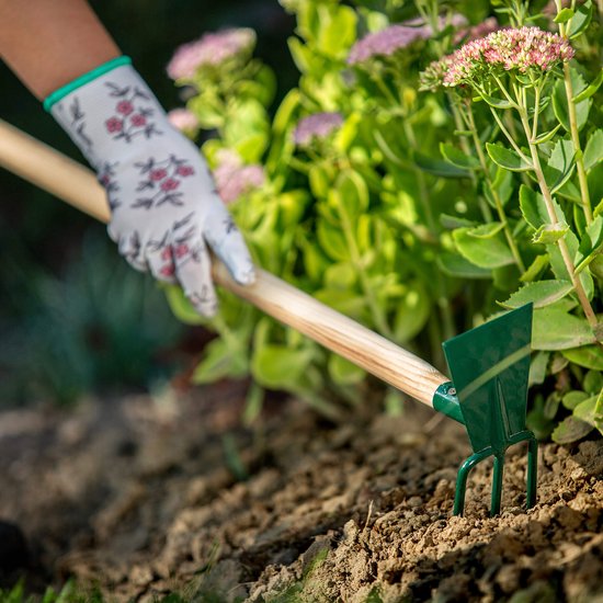 KADAX hak, tuinhak, dubbele hak voor tuin, losmaken en wieden van de grond, tuingereedschap van metaal, onkruidhak voor het verwijderen van onkruid (groot, 3 tanden - rechthoek, met houten steel) van Merkloos	 — afbeelding 3