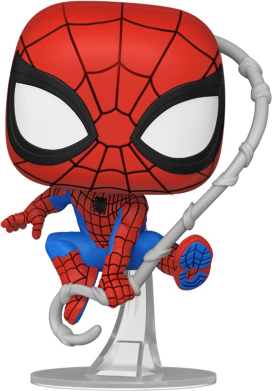 Figurine bobblehead Funko Pop! Spiderman 1526, costume rouge et bleu avec toile, assis sur un fil d'araignée.