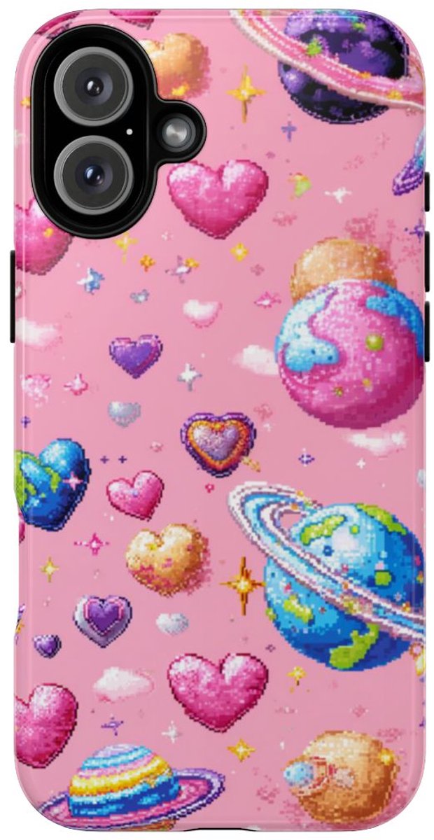 Pixel Art Harten en Planeten Patroon – Telefoonhoesje Geschikt voor iPhone 16 Plus