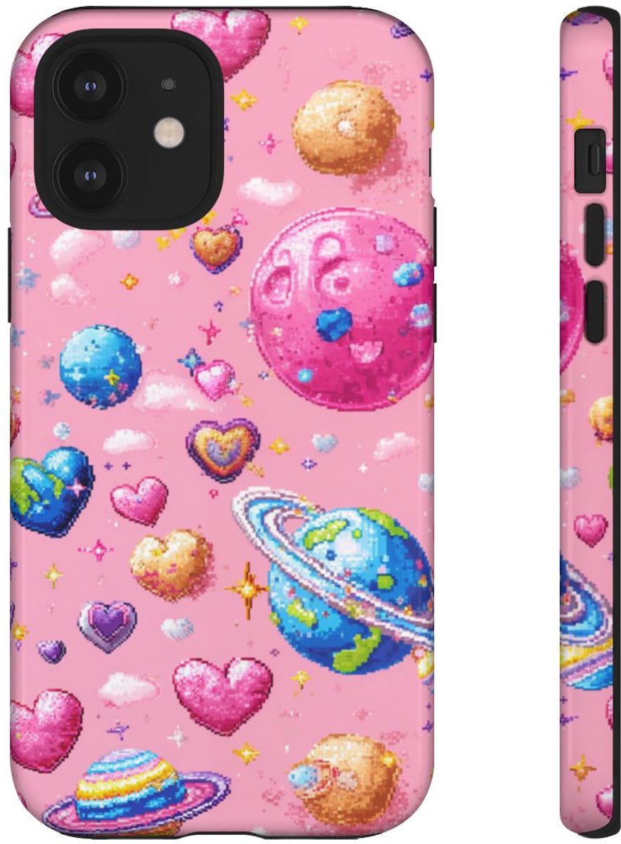 Pixel Art Harten en Planeten Patroon – Telefoonhoesje Geschikt voor iPhone 12