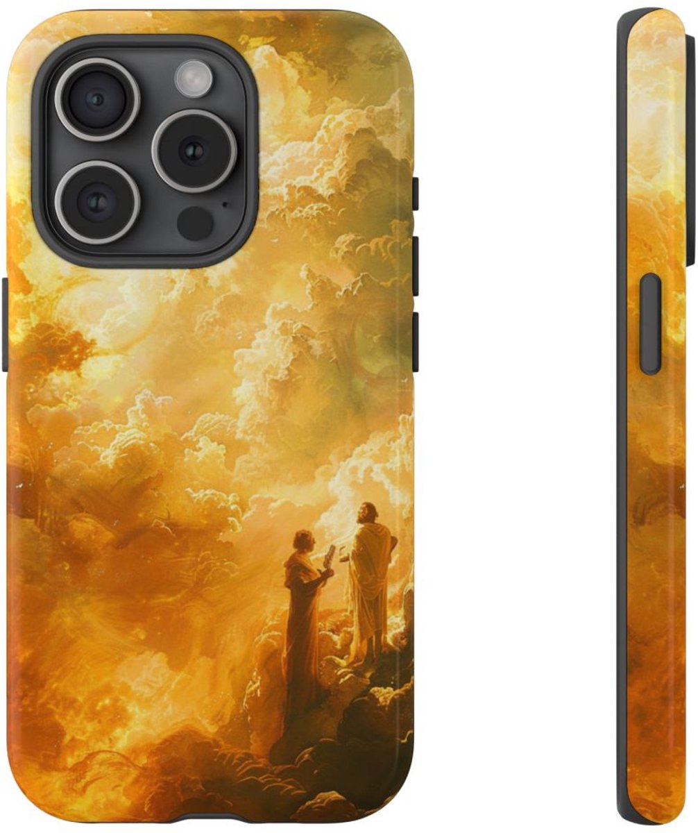 Goddelijke Figuren in Gouden Wolken – Telefoonhoesje Geschikt voor iPhone 15 Pro