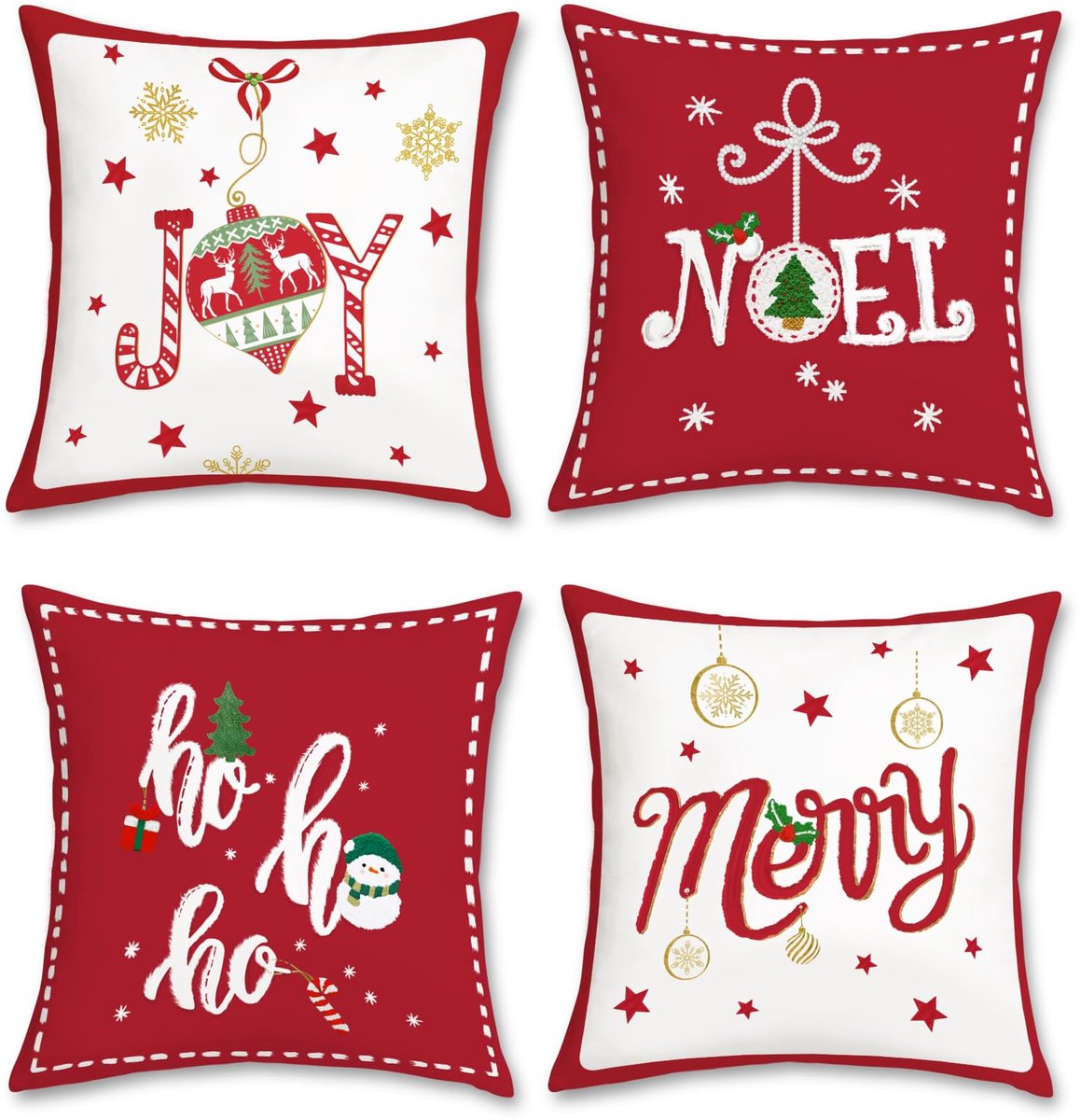 Ibenzoa Set van 4 decoratieve kerstkussenhoezen in rood fluweel met verborgen rits - 45 x 45 cm