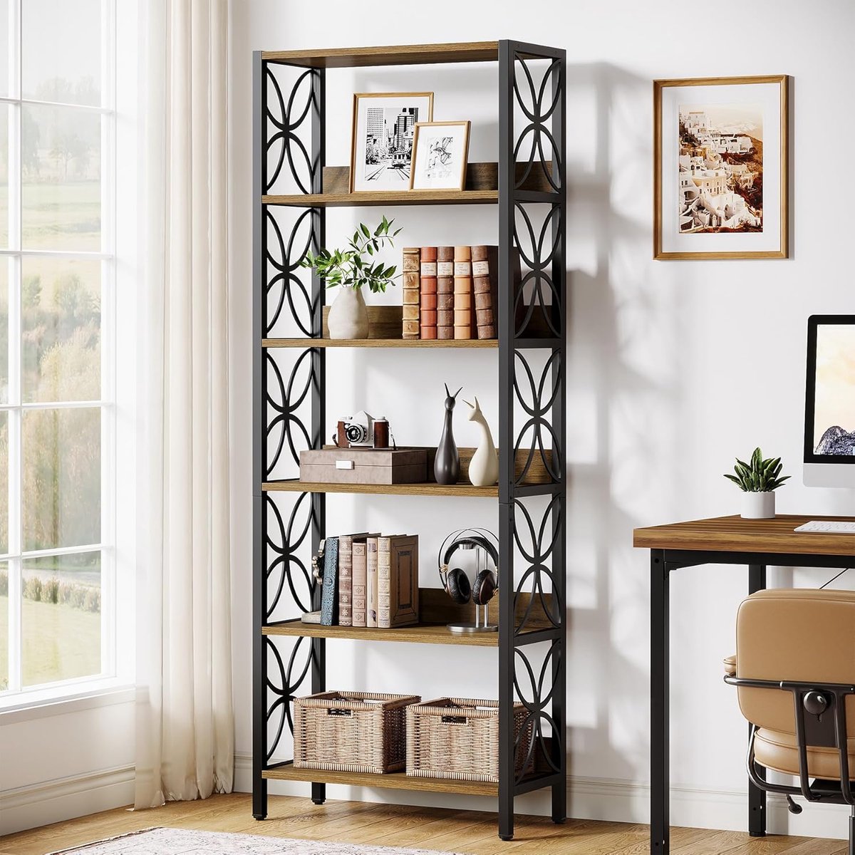 Tribesigns - Boekenkast met 6 Planken - Industriële Boekenkast met Metalen Frame - Open Boekenplank voor Woonkamer, Slaapkamer, Thuiskantoor - 60x28x180cm - Bruin
