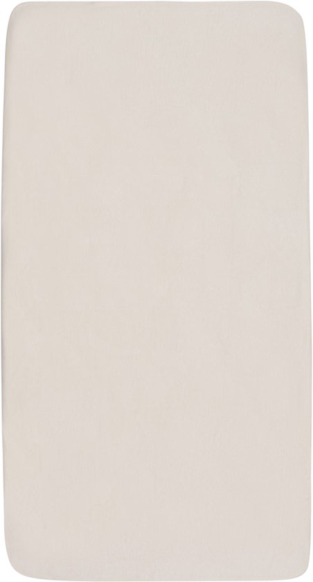 Crèmekleurig jersey hoeslaken voor een boxmatras, platliggend.