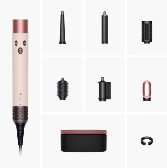 Dyson Airwrap multistyler in Ceramic Pink/Rose Gold met alle accessoires en opbergdoos, gerangschikt.